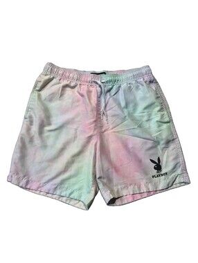 Playboy by Pacsun Swim Shorts Men’s Medium Rainbow Tie Dye Drawstring Logo